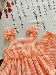 SHEIN LMoss Kids 女宝宝夏季可爱粉色条纹吊带背心和松紧腰裤套装 - 橘色 - 查看 3