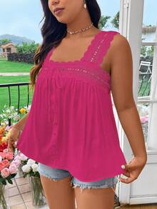 Flirla Áo kiểu không tay màu trơn viền ren, cỡ lớn, phong cách thường ngày. - Hồng - Xem 3