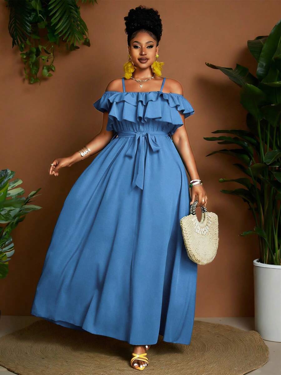 Maweii Plus Size Women Vacation Solid Color Ruffle Off Shoulder Elegant Dress - Blue - View 1