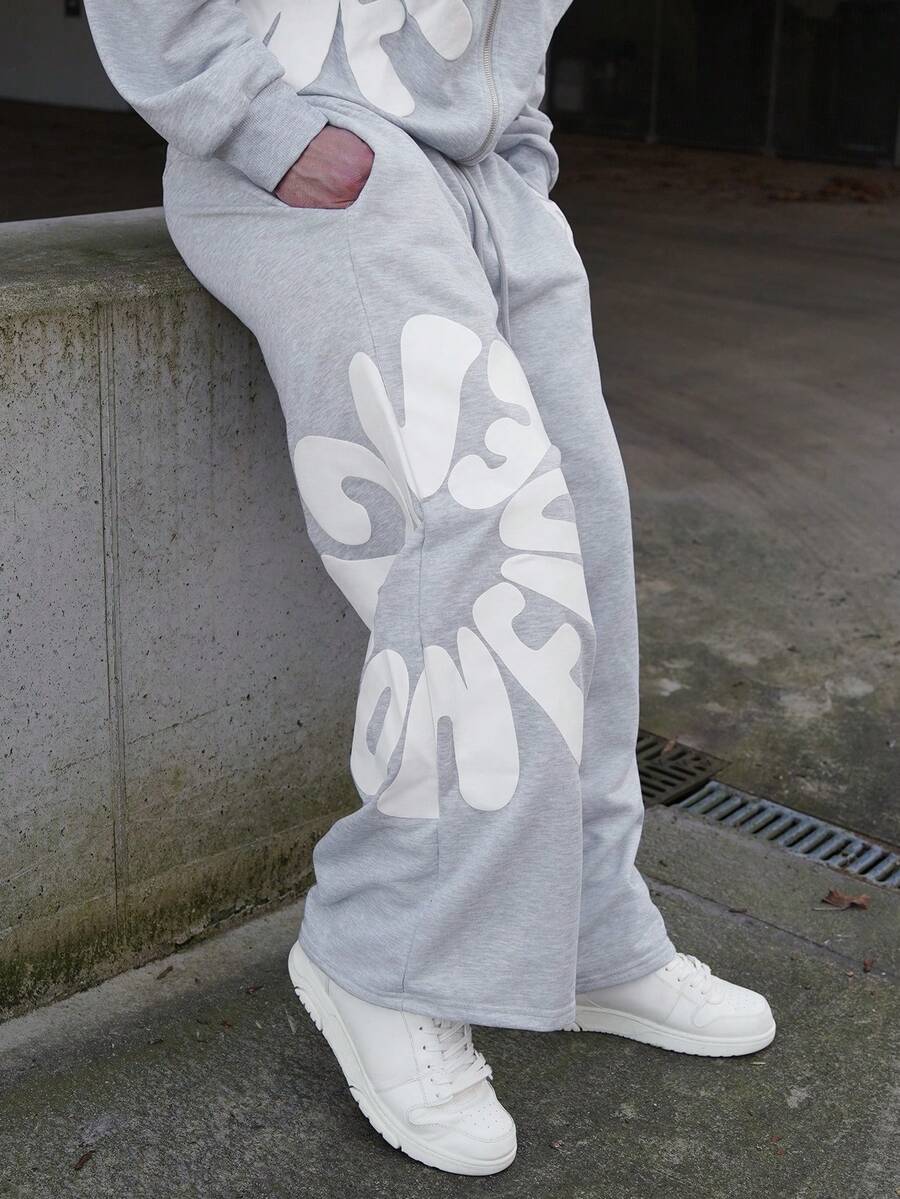 LEOGASHI LEOGASHI Pantalones de chándal casuales con cordón en la cintura y ajuste holgado con estampado de letras para hombre - Gris - Ver 1