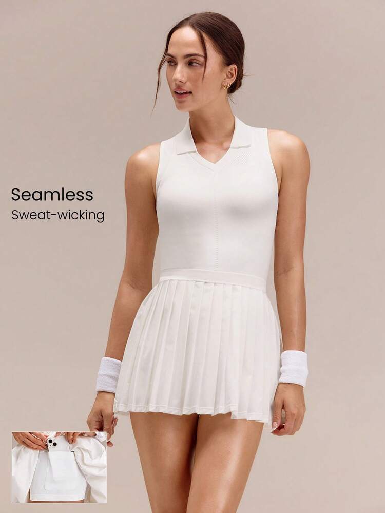 Ultrafine Soft Seamless Net Worthy Pleated High-Neck Sleeveless Tennis Dress & Shorts Set Golf Pickleball Daily Casual Summer Wear
