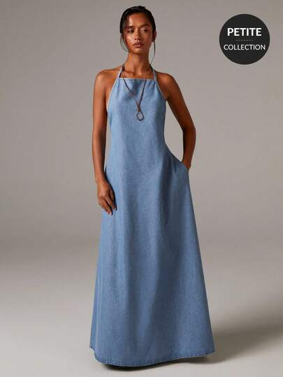 Athîral Petite 娇小女款浅蓝色牛仔布V领露背连衣裙，秋季复古端庄连衣裙，正式场合