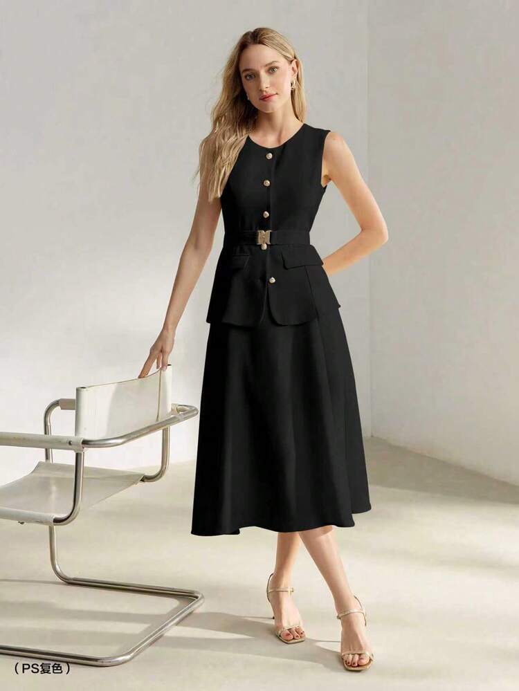 SOLID PEPLUM WAIST FLARE HEM BELTED DRESS WOMEN OUTFIT