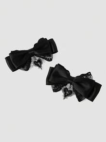 MortiRose 2pcs Gothic Style Lace Ribbon Dark Color Heart Cross Hair Accessories, Suitable For Festival Costumes And Daily Wear For Gothic Enthusiasts, Claw Clips, Hair Claws, Hair Slide, Hair Barrettes, Clips For Hair, Head Accessories, Hairpin - Black - View 3