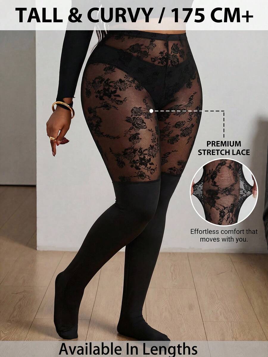 SHEIN PETITE CURVE Vớ nữ cỡ lớn, Vớ ngày Valentine, Vớ đen cỡ lớn, Vớ cao đến đùi chống trượt, Quần legging lưới đen phối màu, trang phục thường ngày đơn giản, thời trang. - màu đen - Xem 1
