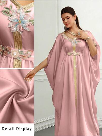 Al Najma Đầm tay cánh dơi màu be thanh lịch, đính cườm và đá quý, họa tiết hoa 3D, thích hợp cho mùa xuân/hè.