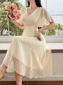 DAZY Vestido midi ajustado de encaje elegante, adecuado para vacaciones, primavera y verano - Beis - Ver 6