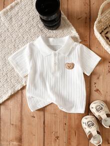 SHEIN Unisex Baby White Ribbed Polo Neck T-Shirt, Suitable For All Occasions In Summer, White All-Match Versatile Is The Best Choice For Baby In Summer - White - View 3