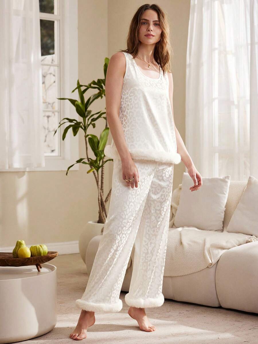 Women's Leopard Print Fuzzy Trim Sleeveless Top And Pants Pajama Set - Beige - View 1
