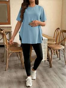 SHEIN 2 pièces Ensemble Top ample avec fente latérale et pantalon skinny pour femmes enceintes, tenue d'été décontractée - Bleu gris - Voir 5