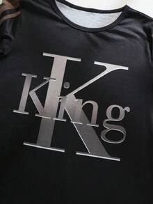 2件套儿童/青少年男童休闲撞色Y2K摩托车风圆领短袖T恤短裤套装，适合夏季穿着，时尚经典国王印花短裤套装，适合日常穿着、旅行、户外活动、夏季海滩度假，2026春夏新款男童时尚服装套装 - 黑色 - 查看 5