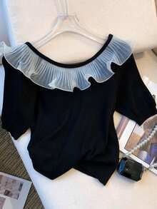 Resyla Women's Black & White Ruffle Trim Short Sleeve T-Shirt - Black - View 2