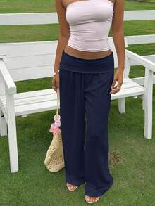 SHEIN EZwear 2026年夏季女士休闲藏蓝色低腰阔腿裤 - 藏蓝色 - 查看 3