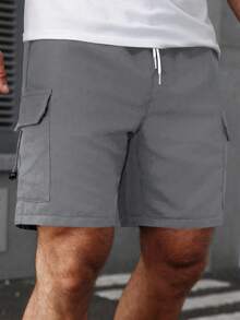 Manfinity Homme Loose Fit Men's Flap Pocket Side Drawstring Waist Cargo Shorts - Light Grey - View 7