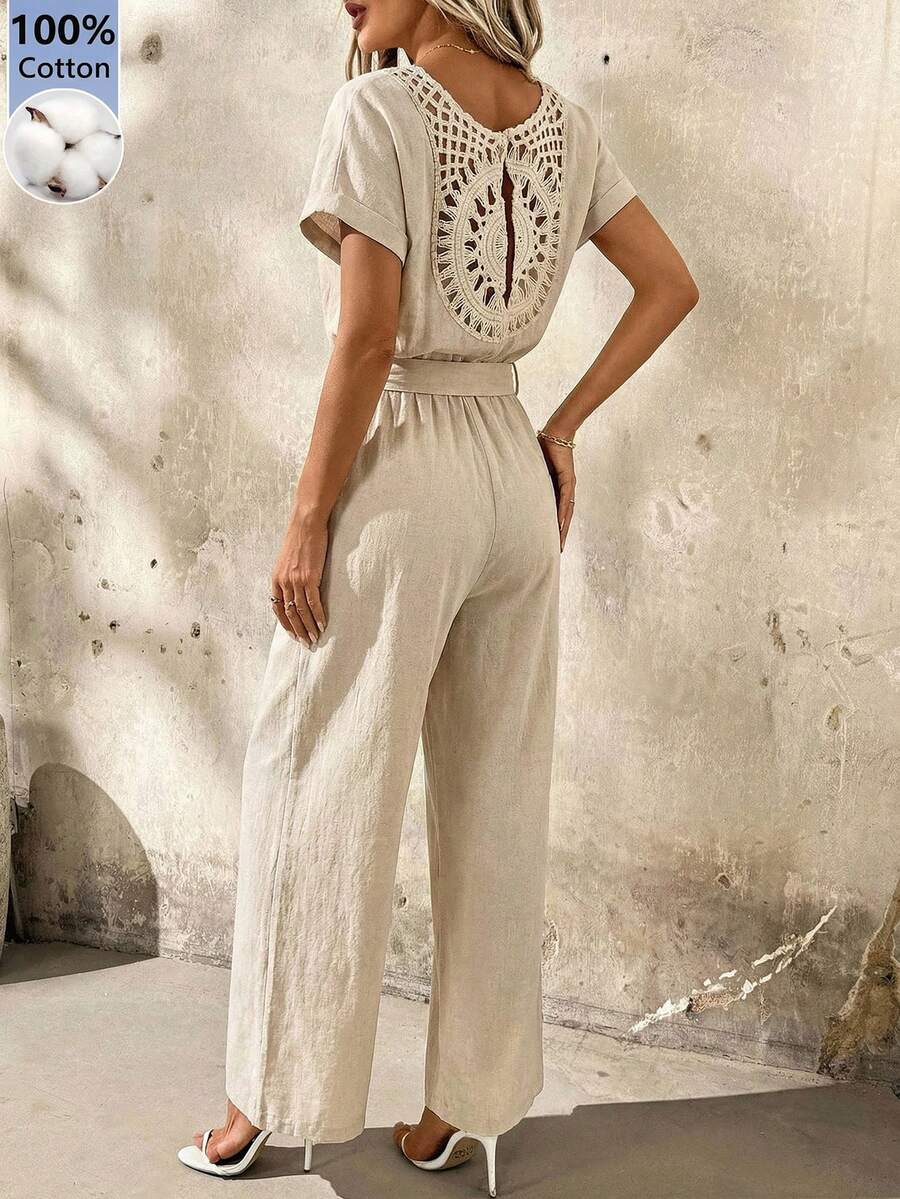 SHEIN Clasi 女士休闲度假风纯色拼接钩针蝙蝠袖系带阔腿连体裤 - 杏色 - 查看 1