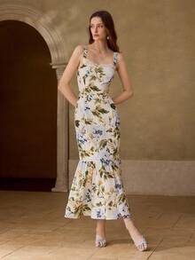 MOTF PREMIUM ĐẦM DÀI NỮ THANH LỊCH HỌA TIẾT HOA VĂN PHỐI REN - Xanh và trắng - Xem 1