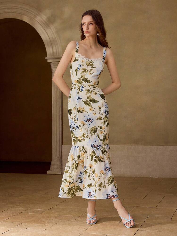 WOMEN'S ELEGANT FLORAL PRINT CONTRAST LACE LONG DRESS