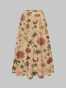 ROMWE Fairycore Plus Size Loose Bohemian Moon & Star Print Romantic Vacation Skirt - Beige - View 1