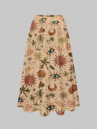 Fairycore Plus Size Loose Bohemian Moon & Star Print Romantic Vacation Skirt