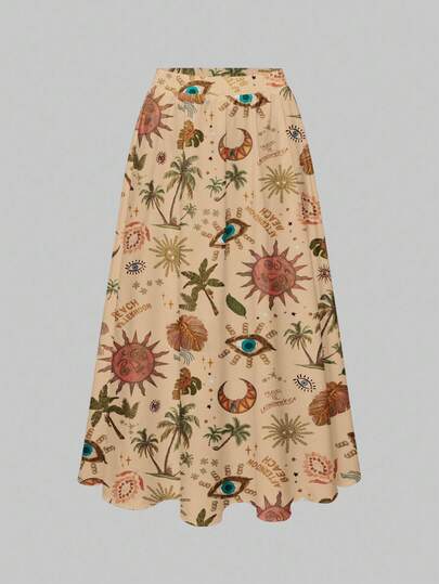 Fairycore Plus Size Loose Bohemian Moon & Star Print Romantic Vacation Skirt