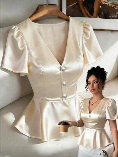 SHEIN Franclia Women's V-Neck Pearl Button Casual Blouse, Versatile Elegant Office Wear For Summer