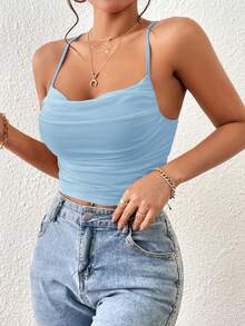 SHEIN Essnce Women's Solid Color Pleated Casual Versatile Daily Wear Camisole Top,Summer Top - Baby Blue - View 4