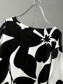 EMERY ROSE Elegant Women Summer Plus Size Blouse,Black And White Floral Print Round Neck Long Sleeve Casual Top,Smart Casual Commute & Vacation Style For Autumn - Multicolor - View 3