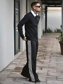 Devon Thys Men's Solid Color Drawstring Waist Casual Pants, Men's Wide Leg Sweatpants, For Rave - Black - View 6