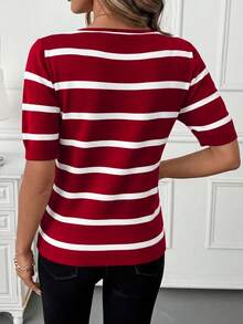 SHEIN Clasi Women's Casual Striped V-Neck Short Sleeve Ribbed Knit Top, Summer - Red and White - View 2