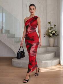 Lavishia Robe midi moulante sans manches à imprimé abstrait rouge, convenant pour l'été. Robe midi rouge à une manche. Robes rouges pour femmes pour l'été. Robe d'une épaule. Robe de vacances. Robe à la mode. Robes pour les courses en Australie. Robe asymétrique. Robes de soirée pour femmes. Tenues de fête pour femmes. Meilleures robes vendues. - Rouge - Voir 7