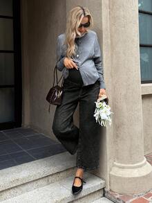 Quần jean denim thường ngày đa năng dành cho bà bầu, có túi và khuy cài, phù hợp để mặc hàng ngày. - màu đen - Xem 5