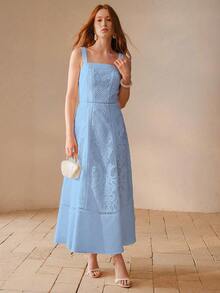 MOTF PREMIUM NEW ARRIVAL SPRING/SUMMER LIGHTWEIGHT ELEGANT SPAGHETTI STRAP SQUARE NECK LACE TRIM HOLLOW OUT FLARED DRESS FOR WOMEN - Lake Blue - View 5