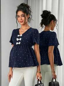 Momance Navy Blue Summer Maternity Top,Fairy Baby Shower Blouse,V-Neck Bow Decor A-Line Hem Polka Dot Print Short Sleeve Clothes For Pregnant Women,Business - Navy Blue - View 5