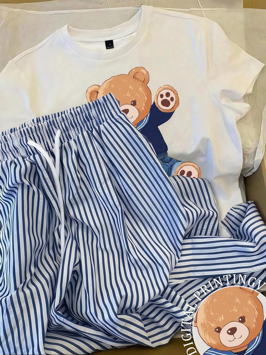 Resyla Women's Casual Summer Vacation Cartoon Bear Print Short Sleeve T-Shirt And Striped Drawstring Waist Long Pants Set - Multicolor - View 1