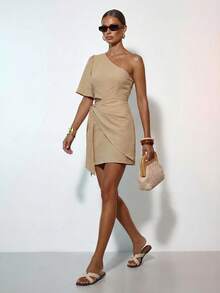 Zivah Khaki Green Summer Casual Holiday Vacation Oblique Shoulder Short Sleeve Cropped Cinched Waist Linen Mini Dress Boho Wedding Guest Party Dress Vacay - Apricot - View 4