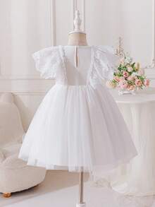 Glamorique Kids Đầm tay ngắn cổ tròn phối ren lưới tương phản thêu hoa mới cho bé gái mùa xuân/hè. - trắng - Xem 2