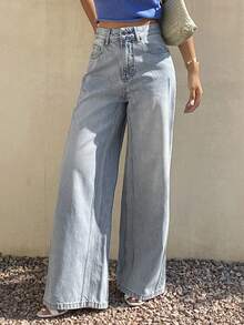 Livesso Quần jeans nữ cạp cao, có túi, ống rộng, dáng suông, thoải mái, đa năng. - Màu xanh lam - Xem 4