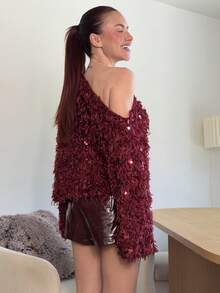 Abrilcols Blusa feminina moderna com ombros à mostra e lantejoulas, ideal para sair à noite, festa elegante, blusa casual feminina, blusa brilhante, perfeita para festas de Natal, Natal para mulheres, para mulheres de negócios, casual para mulheres, Ano Novo, elegante para mulheres, outono/inverno. - Borgonha - Ver 5