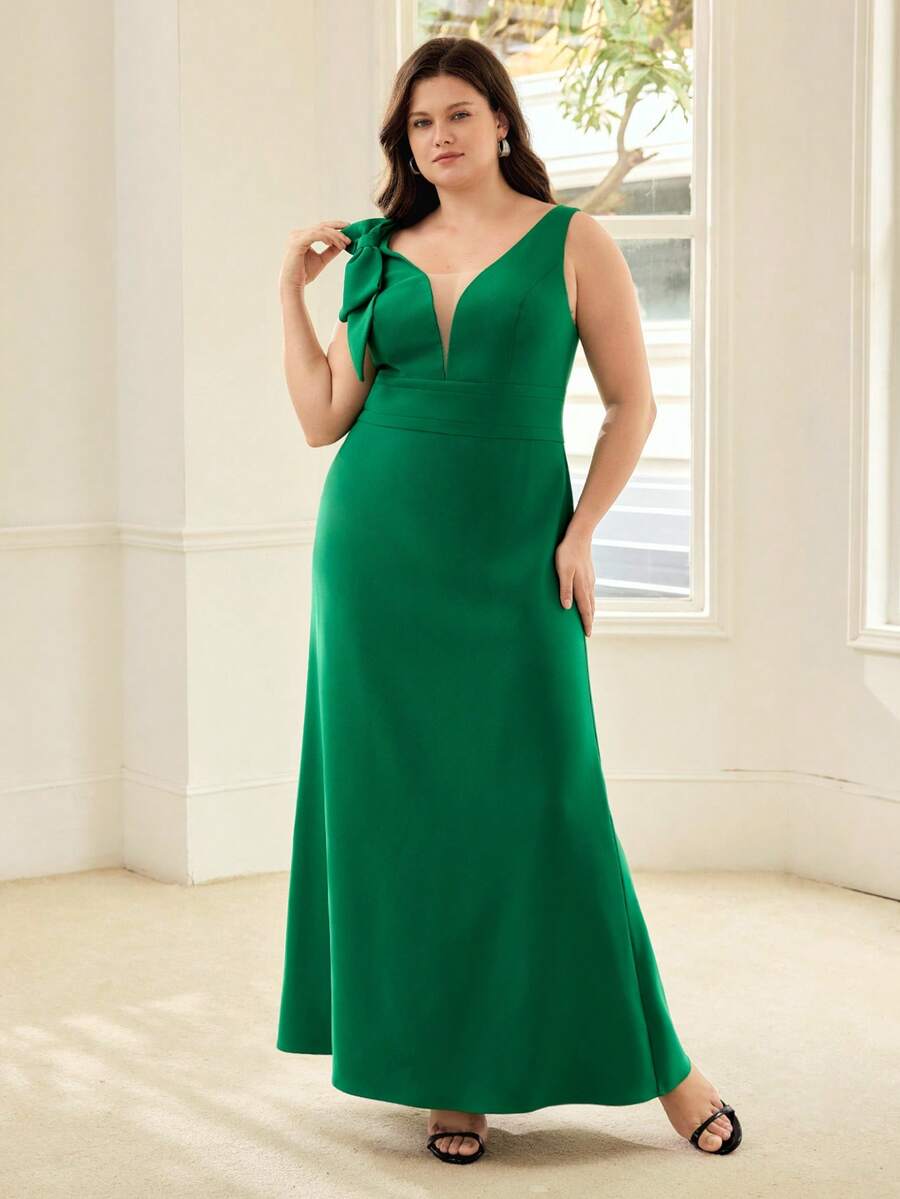 MOTF PREMIUM PLUS SIZE WOMEN SPRING/SUMMER BOW DECOR SLEEVELESS WAIST CINCHED PARTY DRESS - Green - View 2