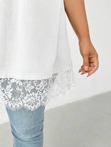 大码女装春夏时尚休闲宽松舒适日常百搭显瘦黑色蕾丝边短袖长款T恤，外出上衣，夏季穿搭，简约风格 - 白色 - 查看 4