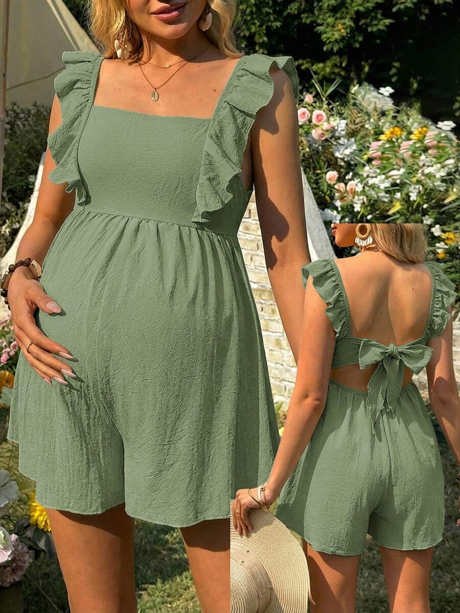 SHEIN Women's Casual Holiday Backless Bow Tie Strap Ruffle Hem Short Jumpsuit, Maternity - Mint Green - View 1