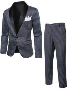 Manfinity Mode Men's British Style Gentleman Party Suit, Casual Striped Suit Set - Dark Grey - View 3