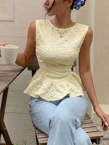 Serisse Women's Floral Jacquard Round Neck Ruffle Hem Sleeveless Blouse,Summer Top - Pale Yellow - View 3