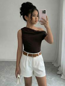 Firerie Kids 少女休闲时尚通勤套装，咖啡棕色荷叶边肩部纹理纯色上衣搭配杏色松紧腰裤两件套 - 咖啡棕 - 查看 6