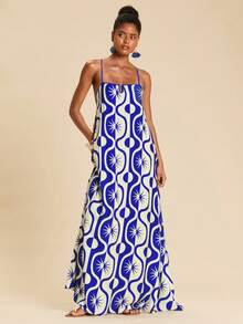 Travachic Đầm nữ họa tiết hình học, dây chéo, phong cách Bohemian. - Xanh và trắng - Xem 5