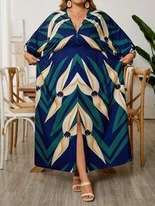 SHEIN CURVE+ Plus Size Women's Vacation Green Plant Print 3/4 Sleeve Dress - Multicolor - View 6