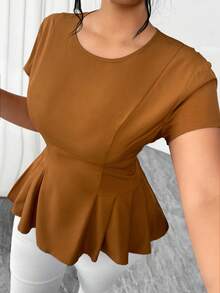 Elenzga Plus Size Women Elegant Casual Versatile Round Neck Short Sleeve Flared Hem Blouse, Spring/Summer - Camel - View 7