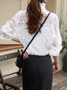 FRIFUL Áo kiểu nữ cổ cao, viền bèo nhún, chất liệu vải dệt họa tiết, tay phồng, phong cách thường ngày. - trắng - Xem 5