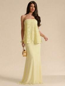 SHEIN BAE 奶油黄蕾丝网纱拼接无肩带连衣裙，婚礼宾客迷你连衣裙，春夏款 - 黃色 - 查看 3