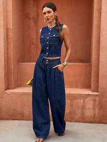 Selianne Áo khoác denim nữ mùa hè dáng rộng, cài cúc phía trước, có túi nắp, không tay - Rửa tối - Xem 4